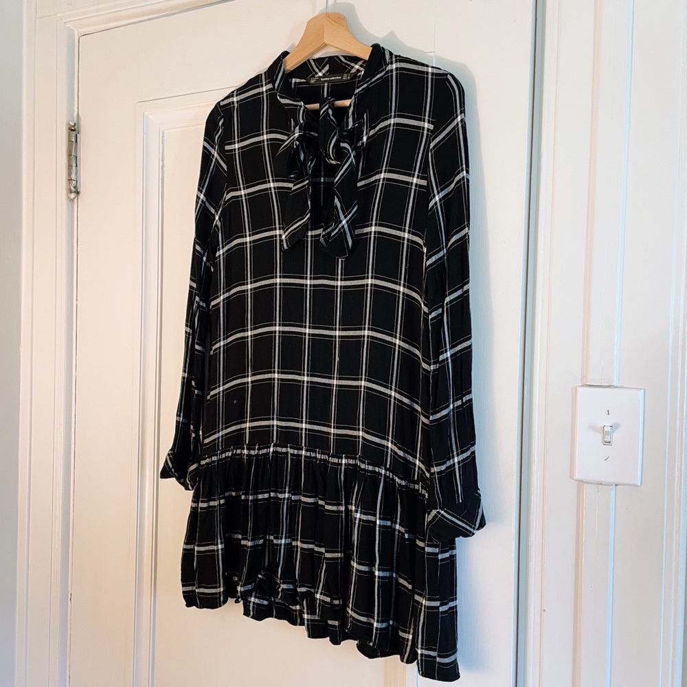 Zara Tie Neck Plaid Dress